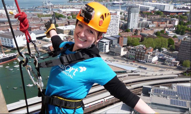 SIAN ABSEILS DOWN THE SPINNAKER TOWER