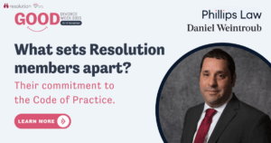 Resolution's Good Divorce Week messaging with Daniel's Face and name and PHillips Law