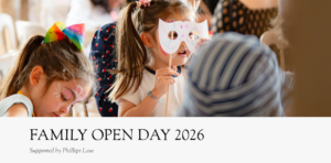 Kids with handmade masks at the Grange Festival Family Day. Text reads Family Open Day 2026Supported by Phillips Law