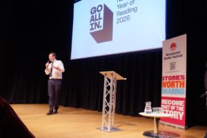 Danny Chambers, MP, talking at the Winchester Books Festival Launch Party 2026